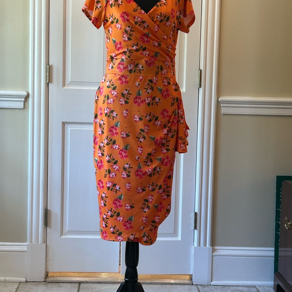 Orange Ruched Faux-Wrap Midi Dress with Flutter Sleeves